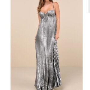 LULUS SILVER METALLIC LUREX PLEATED MAXI DRESS